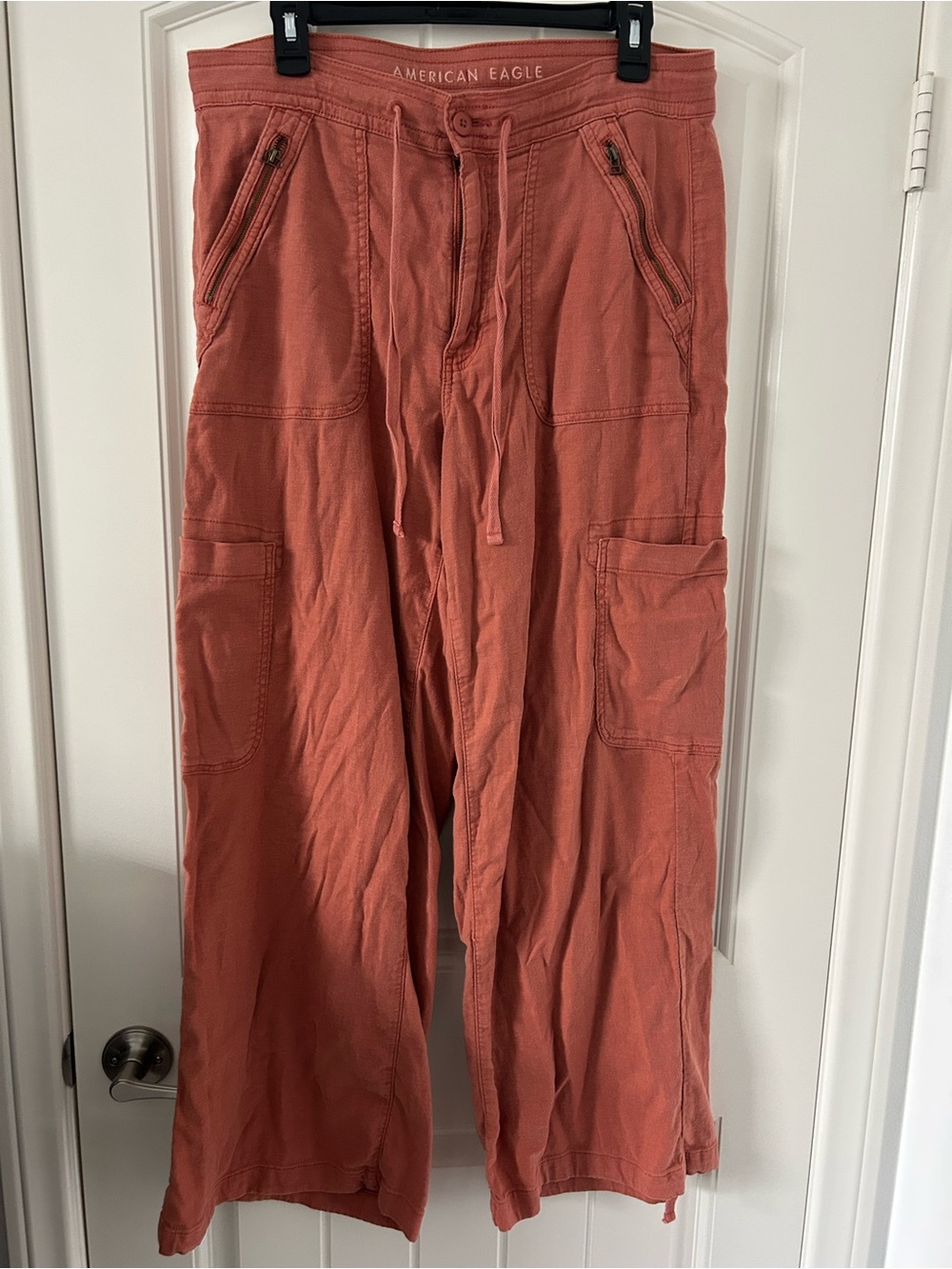 AE Dreamy Drape Linen-Blend Baggy Wide-Leg Cargo Pant Size 12 Terracotta - Picture 3 of 8